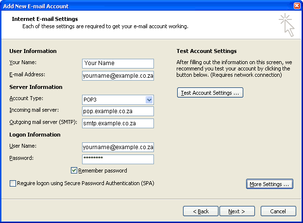 Set up an e-mail account on Microsoft Outlook 2007 - Step 6 of 9
