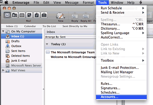 Set up an e-mail account on Entourage Mac - Step 1 of 6