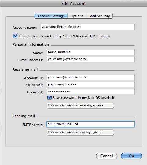 Set up an e-mail account on Entourage Mac - Step 5 of 6