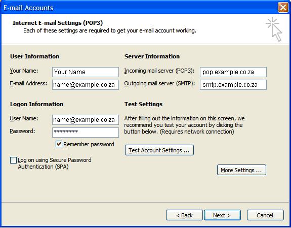 Set up an e-mail account on Microsoft Outlook 2002/3 - Step 4 of 7